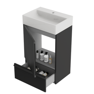 Mobile bagno moderno Gada 20 pollici a righe nero opaco, mobiletto freestanding con lavabo in ceramica, pronto per il montaggio (KD-Ready) per bagni moderni - Product Image 3