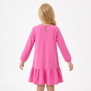 Vestido rosa de punto de manga larga hasta la rodilla con corte en A, dobladillo con volantes, cuello redondo, estilo casual para niñas, 100% algodón, Bangladesh - Product Image 3