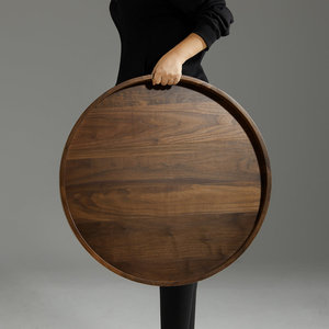 Unique Art Deco Dark Brown Solid Wood <b>Round</b> Serving <b>Tray</b> with Handles Extra Large Size for Coffee <b>Table</b> Decor - Product Image 2