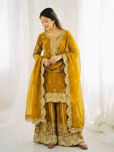 Conjunto de Salwar Kameez de Seda Pura Fandy Bordado en Amarillo Mostaza para Mujer, Traje Tradicional Indio Pakistaní para Boda, Corte Regular, Largo hasta el Tobillo - Product Image 3
