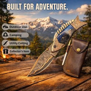 Personalized Hand Forged <b>Copper</b> Damascus Unique Fish Folding Pocket Knife Collectible EDC Multi-Functional Camping Hunting Knife - Product Image 4