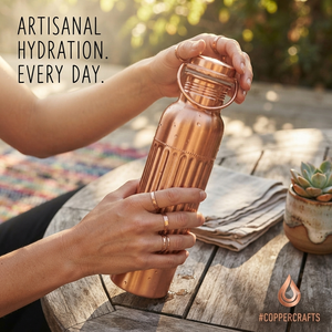 Pure Copper Water <b>Bottle</b> Ribbed Design Reusable Drinking <b>Bottle</b> Leakproof Lid Handmade Kitchenware Wholesale Export Supplier B2B - Product Image 2