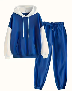 Men's Two-Piece Customizable Blue Hooded Sweatshirt Set Casual Winter Wear French Terry Knitted Breathable 380g Cotton Polyester - Product Image 1