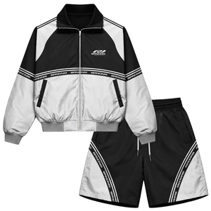 Men's Sporty Satin Streetwear Tracksuit Set Color Blocking Windbreaker Jacket Shorts Breathable Polyester Spring Outerwear - Product Image 1