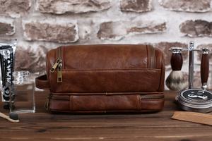 กระเป๋าหนังแท้กันน้ำสไตล์วินเทจสำหรับผู้ชายชุดเครื่องแป้งชุดที่โกนหนวดมีซิปของขวัญ TYG-0009B - Product Image 6