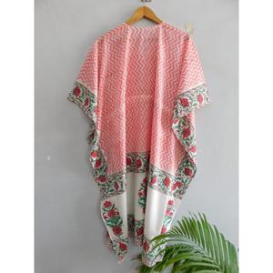 Vestido Kaftán de Algodón con Estampado de Bloques, Cuello en V, Manga Murciélago, Corte Ajustado y Evase, Hecho a Mano, Estilo Boho, Túnica Holgada para la Playa, Atuendo de Verano para Vacaciones - Product Image 6