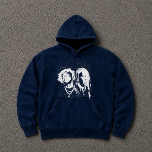 <b>Navy</b> Blue Oversized Graphic Hoodie Vintage Streetwear Pullover With White Portrait Artwork Heavyweight Cotton <b>Fleece</b> Hooded Sale - Product Image 5