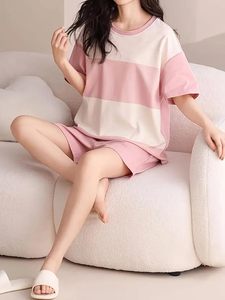 Womens Korean Night Dress Short <b>Pyjama</b> Set Korean Nightsuit Women Nightwear Round Neck Short Sleeve Nightsuit - Product Image 2