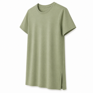 Camiseta de Manga Corta para Mujer, Color Verde Salvia, Cuello Redondo, Corte Largo con Abertura Lateral, en Tejido de Algodón Interlock, Estilo Casual - Product Image 4