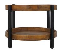 Table basse ronde en bois de manguier au design industriel moderne, durable, avec structure métallique et rangement à deux niveaux pour le salon