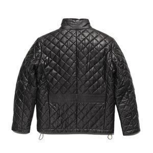 Men's Winter <b>Vintage</b> Black Quilted Diamond Genuine Cow Leather <b>Jacket</b> Stand Collar Zipper Button Closure High Street Style - Product Image 3