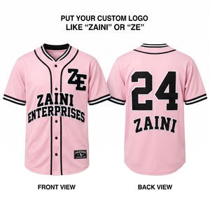 เสื้อเบสบอลผู้ชายพรีเมียม 180 GSM โพลีเอสเตอร์อินเตอร์ล็อค สีชมพู-ดำ ติดกระดุมเต็มตัว ปักลายแบบซับลิเมชั่นตามสั่ง สำหรับทีม - Product Image 1