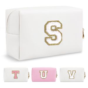 Personalized A-Z Initial Preppy Patch Makeup <b>Bag</b> Cute <b>White</b> PU Chenille Travel Cosmetic Pouch Zipper <b>Small</b> Personalized Case - Product Image 1