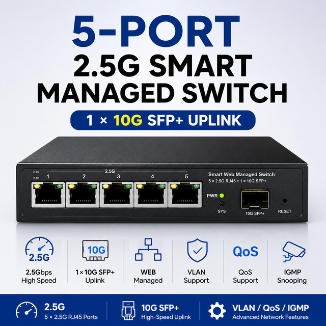 Smart Web Managed 5 Port 2.5gbps Ethernet Switch with 1*10G SFP+ , VLAN/QoS/STP/IGMP Supported for AP, NAS, PC