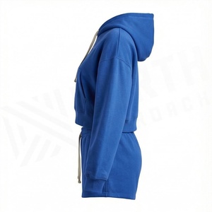 Conjunto Deportivo de 2 Piezas para Mujer, Sudadera con Capucha y Pantalones Cortos Azules, Corte Holgado, Estilo Casual, Tejido Fleece, Color Sólido, Primavera-Verano - Product Image 3
