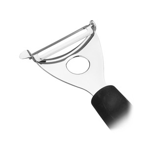 Pelapatate in acciaio inox con manico nero per uso in cucina - Product Image 2