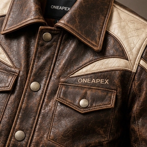 Blouson en cuir marron crème vintage pour homme, style motard western personnalisé, vêtement d'extérieur premium streetwear mode hiver 2026 - Product Image 5