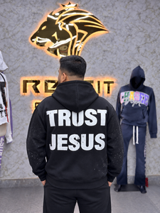 เสื้อฮู้ดซิปผู้ชายสีดำ พิมพ์ลาย Trust Jesus ทรงโอเวอร์ไซส์ สไตล์ลำลองสำหรับฤดูใบไม้ร่วง ผ้าฝ้าย 100% เฟรนช์เทอร์รี่ - Product Image 2