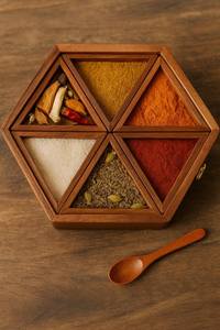 Boîte à épices hexagonale en bois d'acacia artisanale à prix abordable avec cuillère, design moderne et simple, accessoires de cuisine - Product Image 5