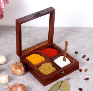 Organisateur d'épices Masala Dabba en bois carré décoratif fait à la main avec une cuillère artisanale pour une utilisation à la maison et en cuisine - Product Image 2