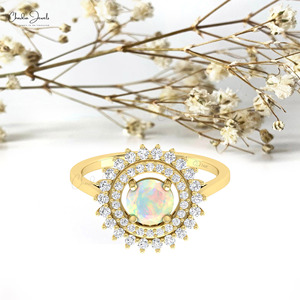 Natural 6mm Round Cut Ethiopian <b>Opal</b> Dual Halo <b>Ring</b> in 14k Solid Gold Diamond Classic Wedding <b>Ring</b> from Chordia Jewels - Product Image 5