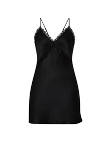 Camisón de satén de seda negro para mujer, cuello en V, sin mangas, sexy, hasta la rodilla, color liso, tela suave y lisa - Product Image 2