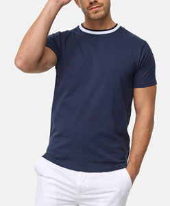T-shirt décontracté surdimensionné en coton jersey bleu marine pour homme, col contrastant, col rond, manches courtes, personnalisable en gros - Product Image 5