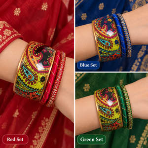 สร้อยคอจี้รูปพัดสีทอง งานถักทำมือสไตล์วินเทจ ลายดอกไม้เพสลีย์ ชุดกำไลทองเหลือง |   กำไลข้อมือแบบอินเดียพิมพ์ลายพร้อมด้ายพัน - Product Image 2