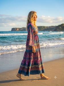 Robe longue bohème col en V manches lanternes imprimé cachemire coupe ample taille élastique en viscose tissée pour l'été et la plage - Product Image 2