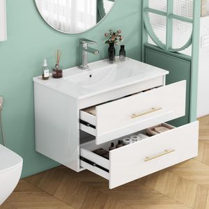 30-Inch White Gloss Wall-Mounted <b>Bathroom</b> <b>Vanity</b> with Double Drawers Ceramic Sink Long Metal Handle Easy Installation - Product Image 2