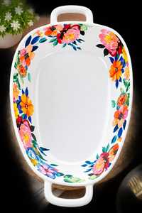Bols de service en céramique florale avec poignées en bois, compatibles lave-vaisselle, design moderne, vaisselle de fête écologique - Product Image 6