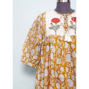 Robe Midi Florale à Pompons pour Femme 100% Coton Vintage Coupe Évasée Événements Formels Taille Naturelle Écologique Respirante - Product Image 2