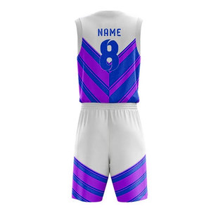 Ensemble de maillots de basket personnalisés blanc, violet, bleu, sublimés, col en V, sans manches, anti-transpiration, unisexe, adulte, toutes saisons - Product Image 2