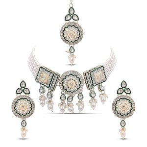 Ensemble collier et boucles d'oreilles vintage à fleurs en zircon avec perles imitation, plaqué or, en alliage, pour femmes, pour mariage et fêtes - Product Image 1