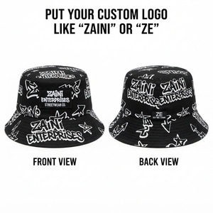 Premium 240 GSM Cotton Twill Bucket <b>Hat</b> <b>Black</b> <b>White</b> All Over Cartoon Print Custom Logo Woven Label Beach Cycling Casual Sun <b>Hat</b> - Product Image 1
