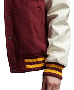 Veste universitaire unisexe en laine et polyester, couleur bordeaux avec manches blanches, style preppy, col rabattu, fermeture éclair, pour l'automne - Product Image 3