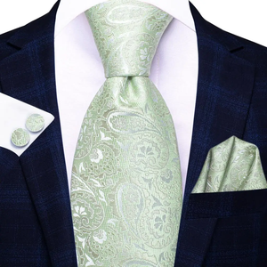Ensemble cravate, boutons de manchette et pochette de costume en soie vert sauge à motif cachemire, tissage jacquard classique, pour hommes d'affaires - Product Image 2