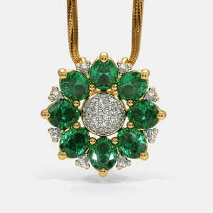 Yellow Gold <b>Emerald</b> Floral Halo Lab Grown Diamond <b>Pendant</b> Necklace - Product Image 1