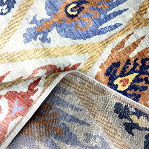 Handknotted Wool and Silk Rug Cream Multi-Color Diamond Ikat Pattern Low Pile Living <b>Room</b> <b>Carpet</b> - Product Image 5