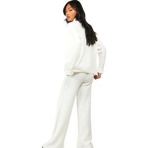 Conjunto de chándal de forro polar para mujer con media cremallera, cuello alto, pantalones de pierna ancha, ajuste relajado, informal, de invierno, dos piezas, para estar en casa - Product Image 2
