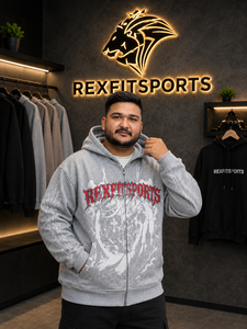 REXFITSPORTS 2026 Sweat à capuche gris personnalisé avec fermeture éclair intégrale, 280-300 GSM, en molleton de coton et polyester imprimé, style streetwear - Product Image 3