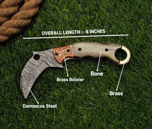 Damascus Steel Drop Point Folding <b>Knife</b> for Camping & Hiking Handmade <b>Bone</b> <b>Handle</b> Pocket <b>Knife</b> - Product Image 6