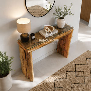 Console rustique en bois massif avec plateau en verre trempé, meuble d'entrée moderne fait main - Product Image 3