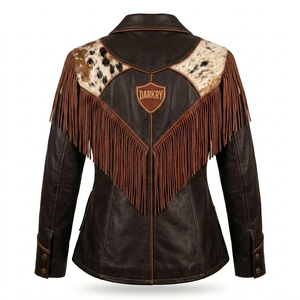 Asymmetric Diagonal Panel <b>Womens</b> Western <b>Leather</b> <b>Jacket</b> Lapel Collar Cowhide Hair On Hide <b>Brown</b> Fringe Country Outerwear - Product Image 2