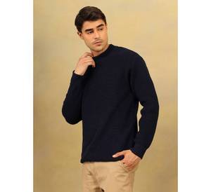 Pull en tricot épais pour homme, personnalisé, chaud pour l'hiver, bleu marine, texture gaufrée, col haut, décontracté, épais - Product Image 5