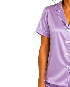 Conjunto de Pijama de Satén Lavanda para Mujer, Ropa de Dormir Suave de Seda con Botones y Manga Corta, Estilo Teddy Bear - Product Image 3
