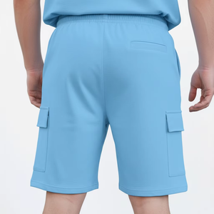 Men's Light Blue Casual Two Piece <b>Set</b> Crew Neck T-Shirt And Cargo Shorts Solid Color Breathable <b>Knitted</b> Summer Wear - Product Image 5