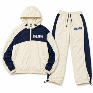 Custom <b>Navy</b> Blue Cream Color Block Hooded Tracksuit Set Windbreaker Jacket and Loose Fit <b>Jogger</b> Pants Streetwear - Product Image 4