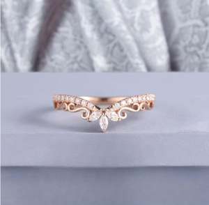 Anillo de Boda de Lujo Curvo de Plata 925 con Corte Marquesa, Oro Rosa, Estilo Vintage, Moissanita, Apilable, Combinable, Único - Product Image 1