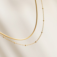 Collier double couche superposé polyvalent pour femme plaqué or 18 carats, chaîne serpent plate, perles, diamant, acier inoxydable